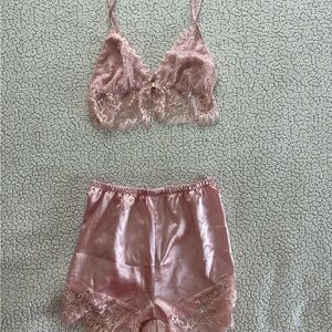 Delicate Blush Lace Satin Bralette & Short Set